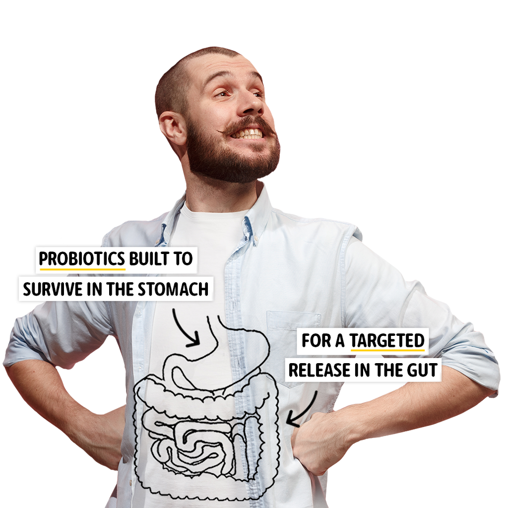 Happy man with 'probiotic survival' on top of gut.
