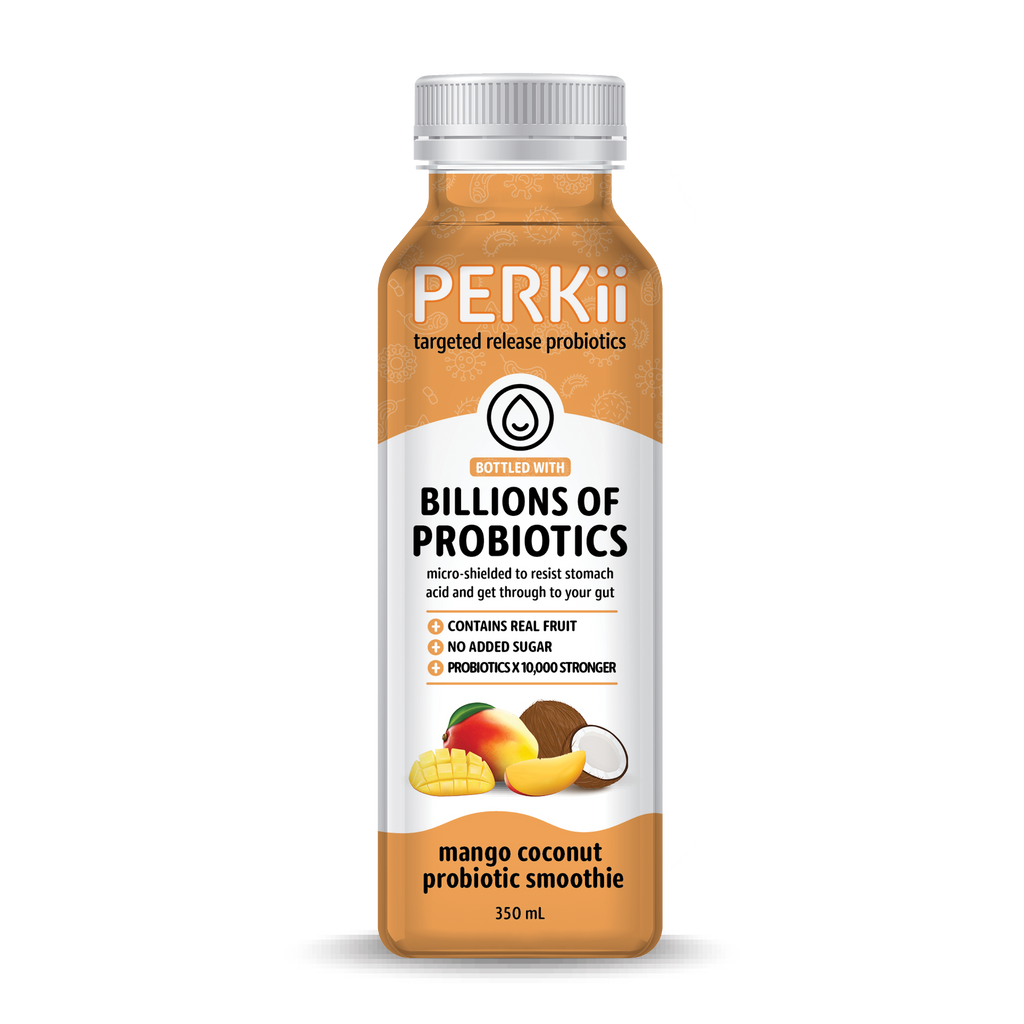 NEW 350mL 8 x Mango Coconut Smoothie | PERKii | Targeted Release Probiotics - Get through to your gut!