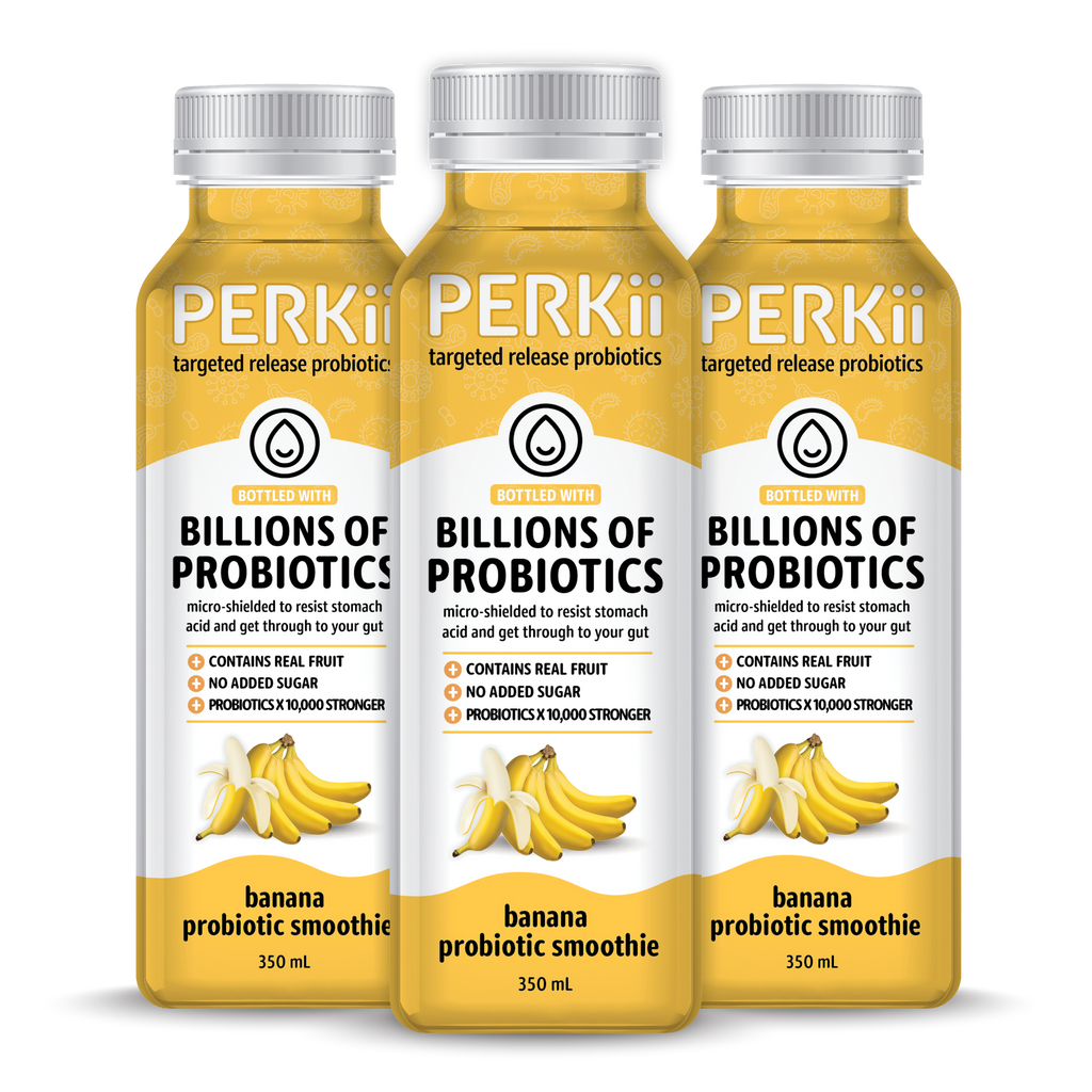 NEW 350mL 8 x Banana Probiotic Smoothie | PERKii | Targeted Release Probiotics - Get through to your gut!